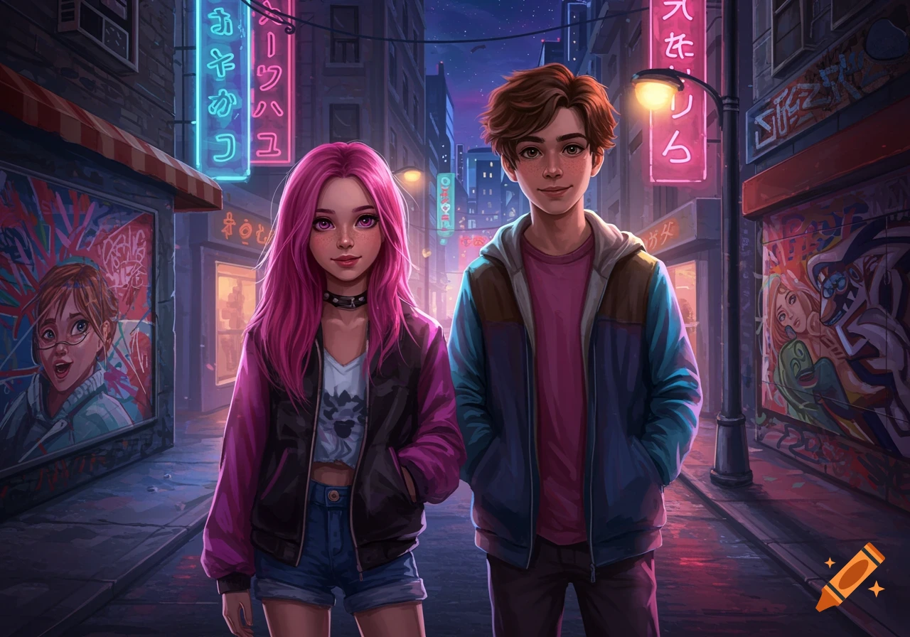 A stylized illustration of a pink-haired girl and a brown-haired boy standing on a neon-lit city street at night.