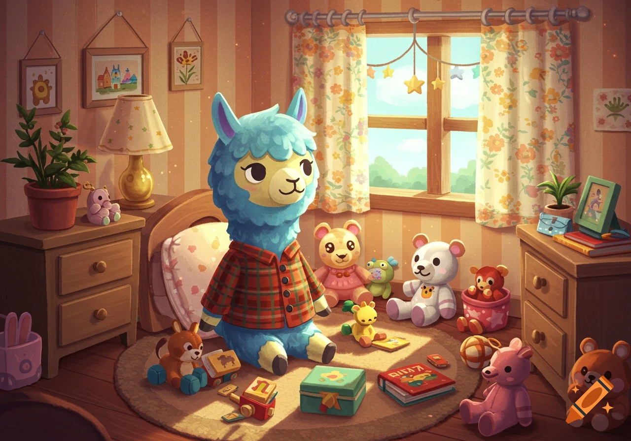 A light blue alpaca in a red plaid shirt sits among stuffed animals and toys in a sunny, cartoon-style nursery room.
