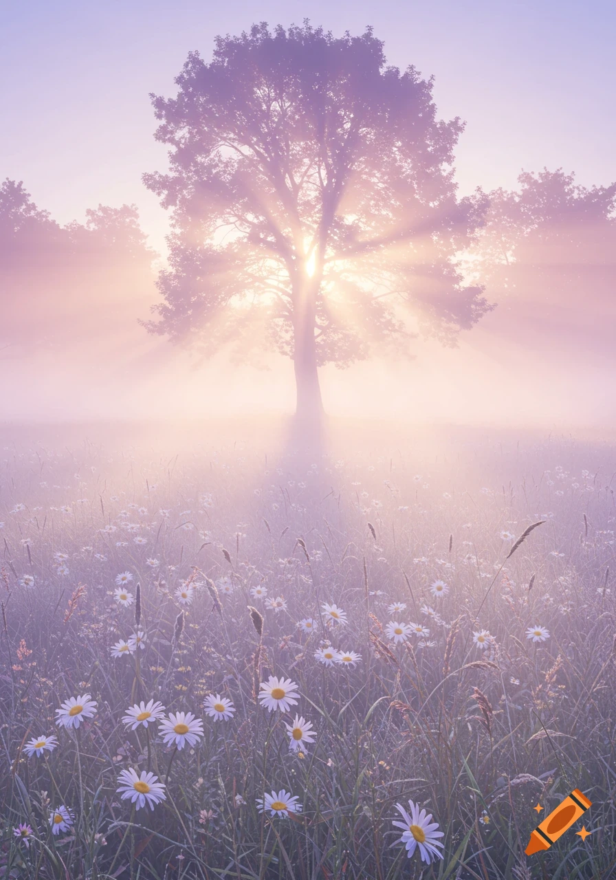 A sun-drenched tree in a misty field of daisies at dawn, bathed in soft purple and pink light.