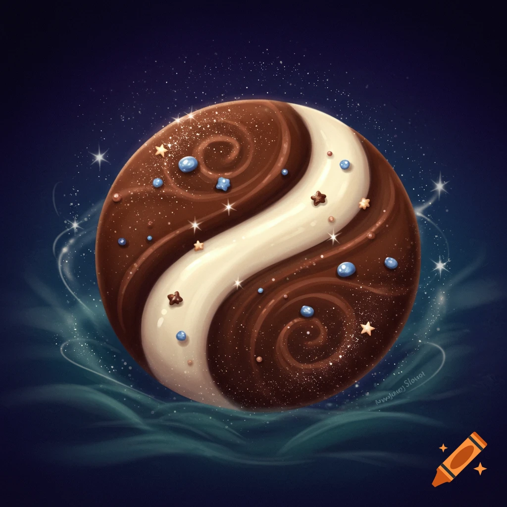 A stylized chocolate and vanilla swirl sphere, adorned with blue candy drops and golden stars, sparkles against a dark, starry background with mystical blue-green mist.