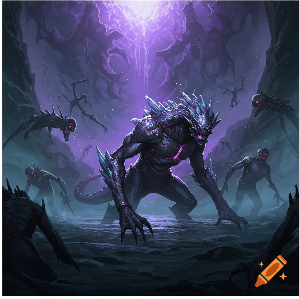 A large, spiky purple monster with many smaller shadowy creatures in a dark cave illuminated by a bright purple void, fantasy art.