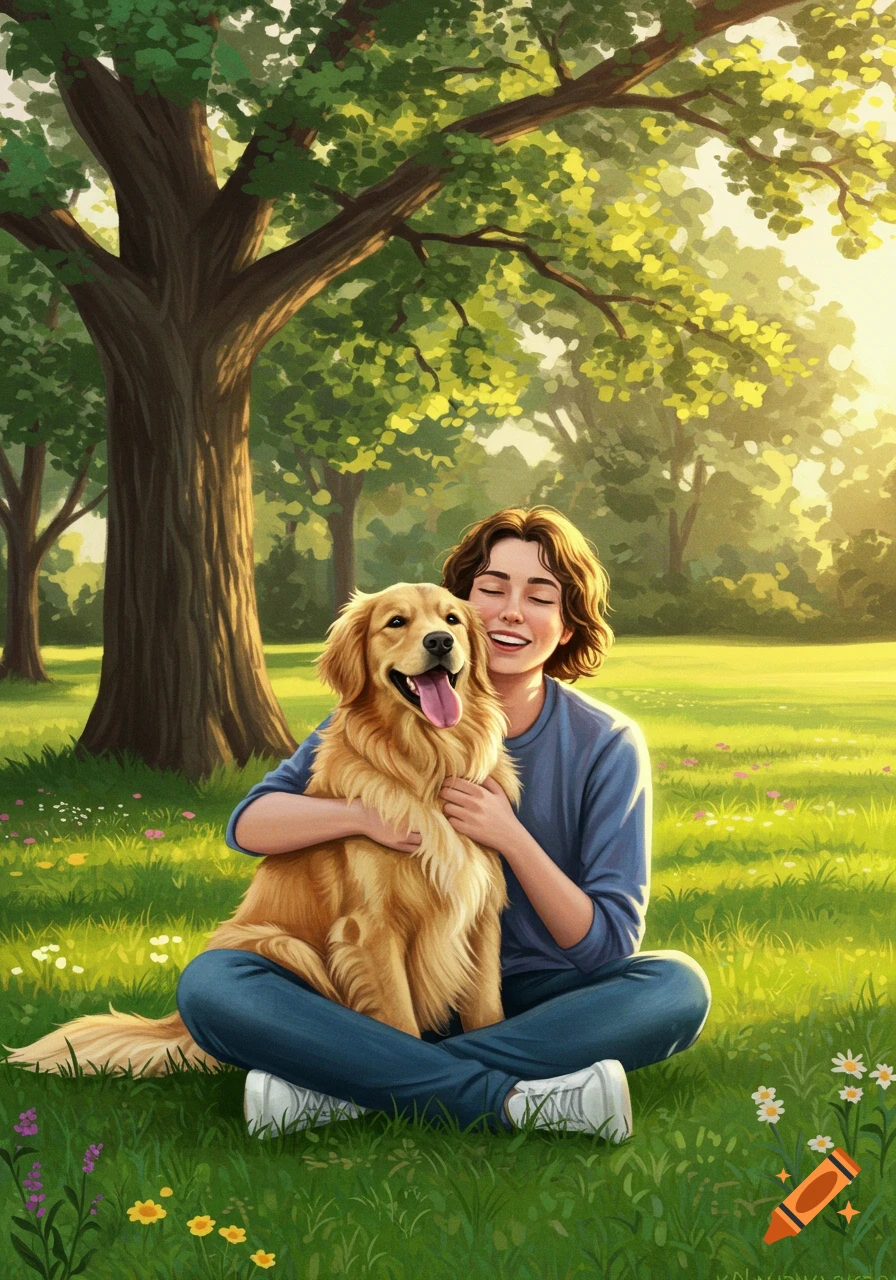 Illustrated image of a smiling person hugging a golden retriever, sitting on grass in a sunny park under a tree.