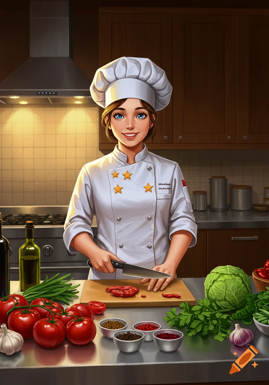 A young female chef with blue eyes smiles while chopping meat on a wooden board in a well-lit kitchen, surrounded by fresh ingredients.