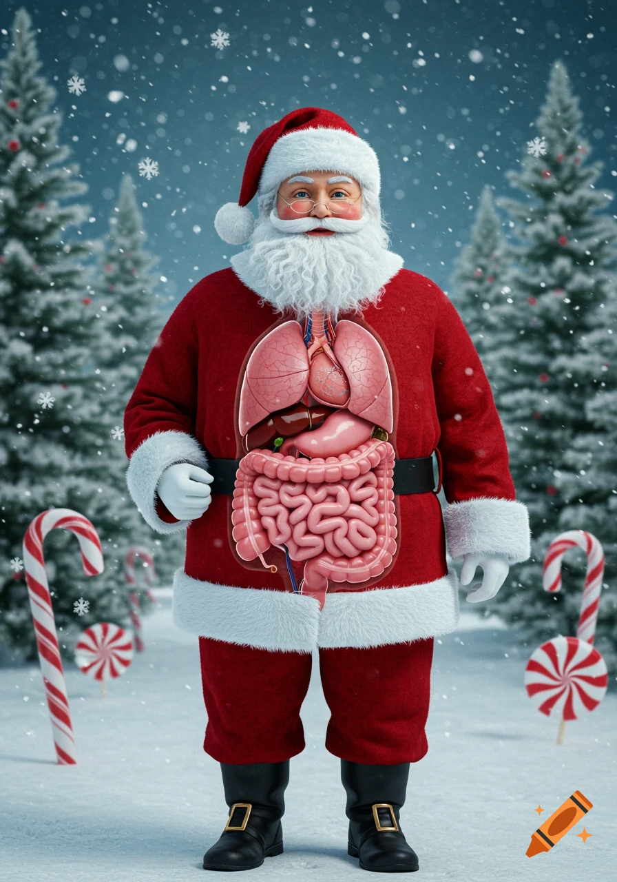 Santa Claus in a snowy Christmas scene with his internal organs like lungs, heart, and intestines visible. Candy canes dot the snow.