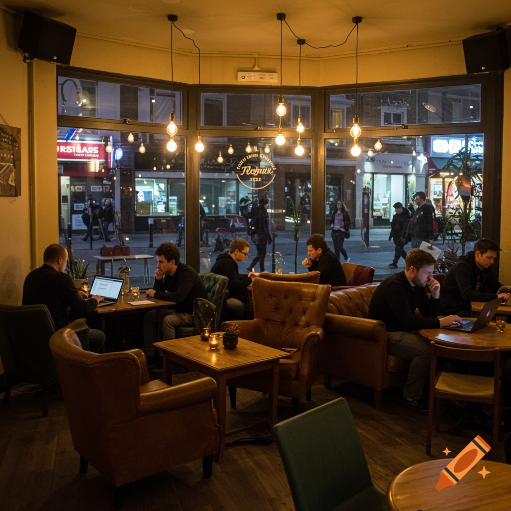 An evening shot inside a warmly lit cafe with several men working on laptops and phones, looking out through large windows onto a busy street.