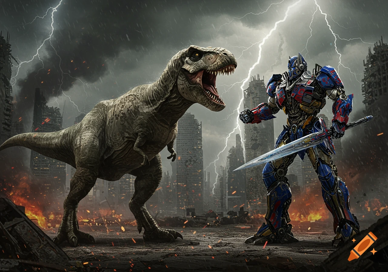 A giant T-Rex faces Optimus Prime, holding a sword, in a destroyed city under a stormy, lightning-filled sky.