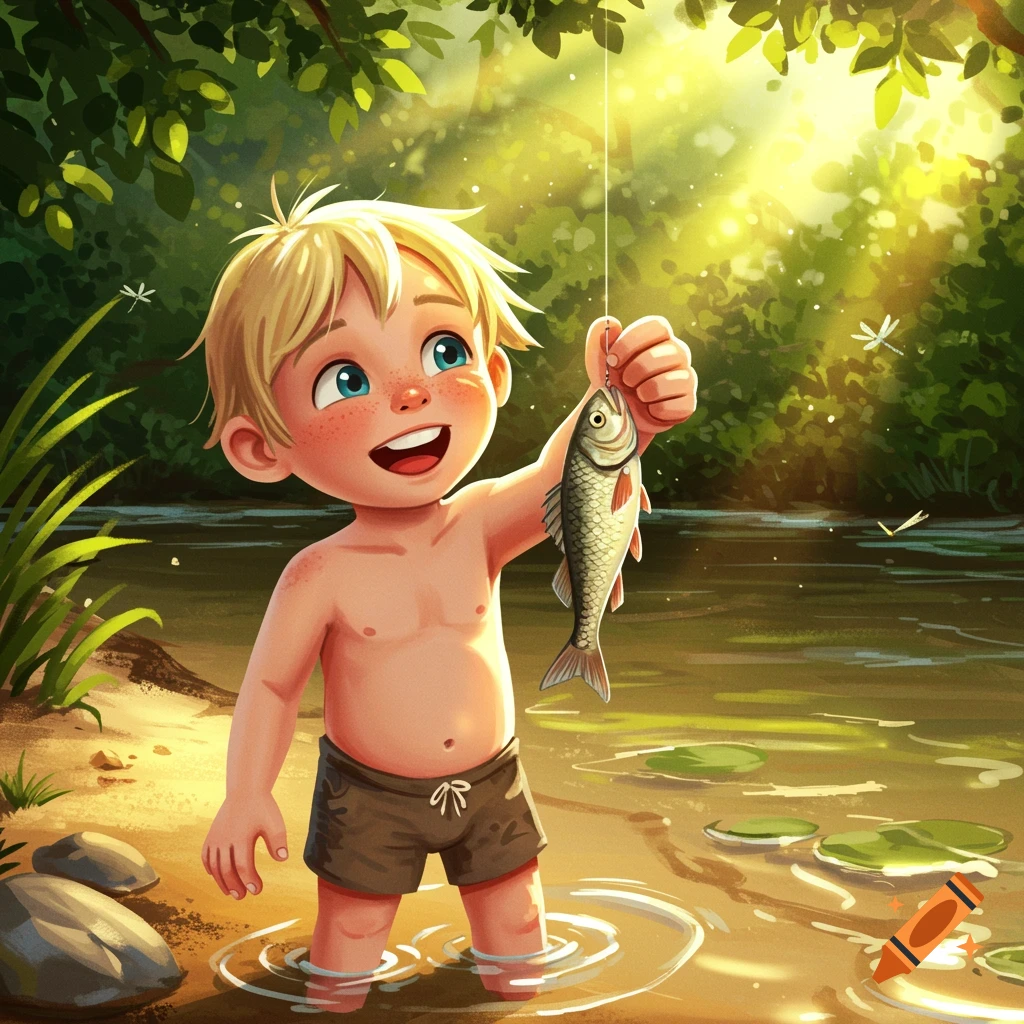 Smiling blonde boy in brown shorts stands in a sunlit river, happily holding a small fish he just caught, in an illustration.