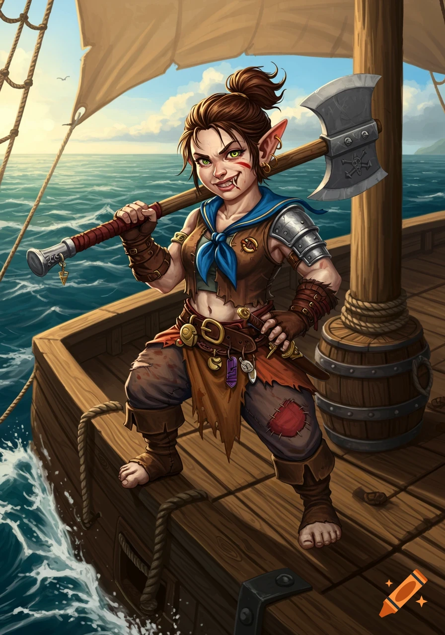A mischievous halfling barbarian sailor with brown hair in a bun holds a great axe on a ship at sea, stylized fantasy art.