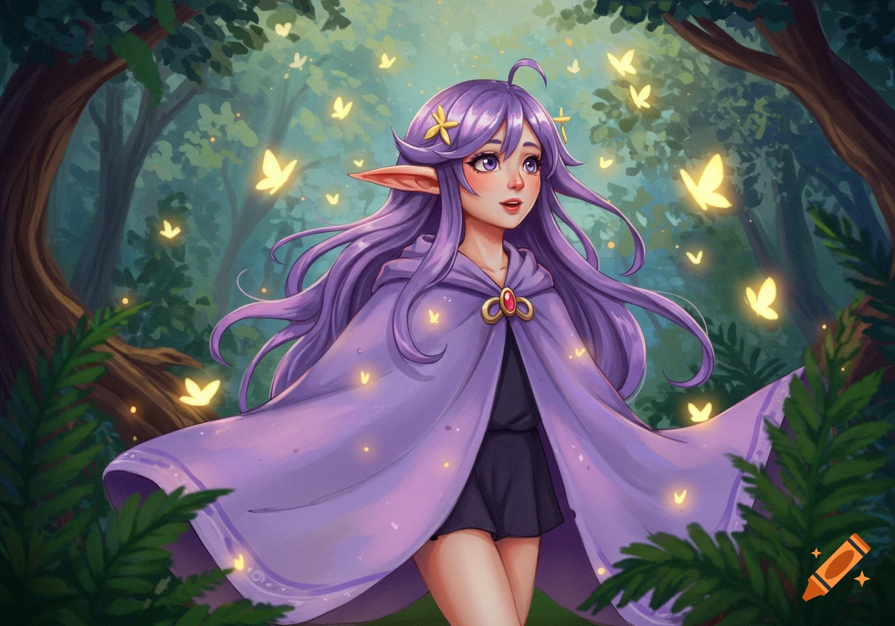An anime-style elf girl with purple hair and a cloak stands in a magical forest with glowing butterflies.