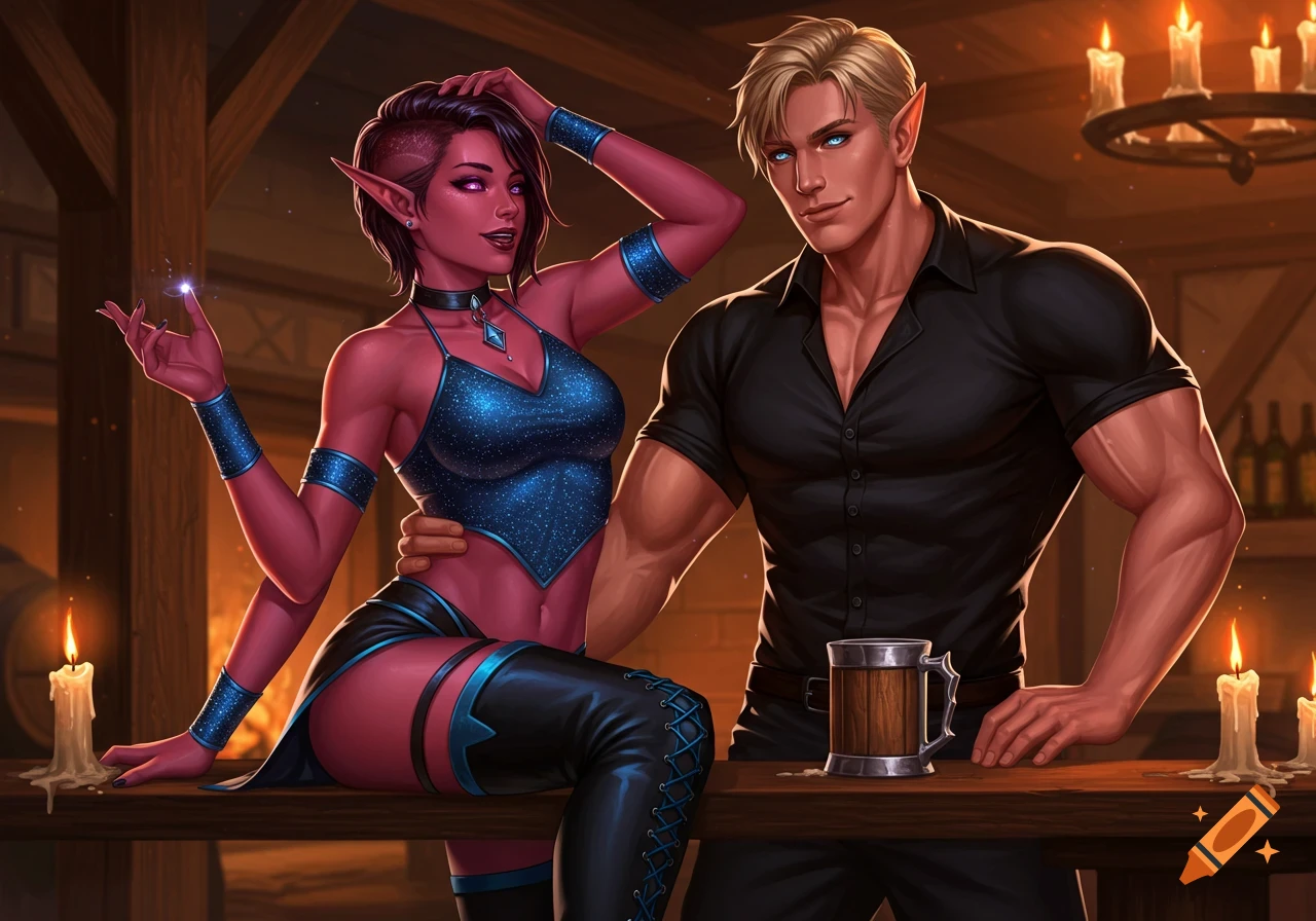 A red-skinned female elf in a sparkly top flirts with a blonde male elf in a tavern, stylized illustration.