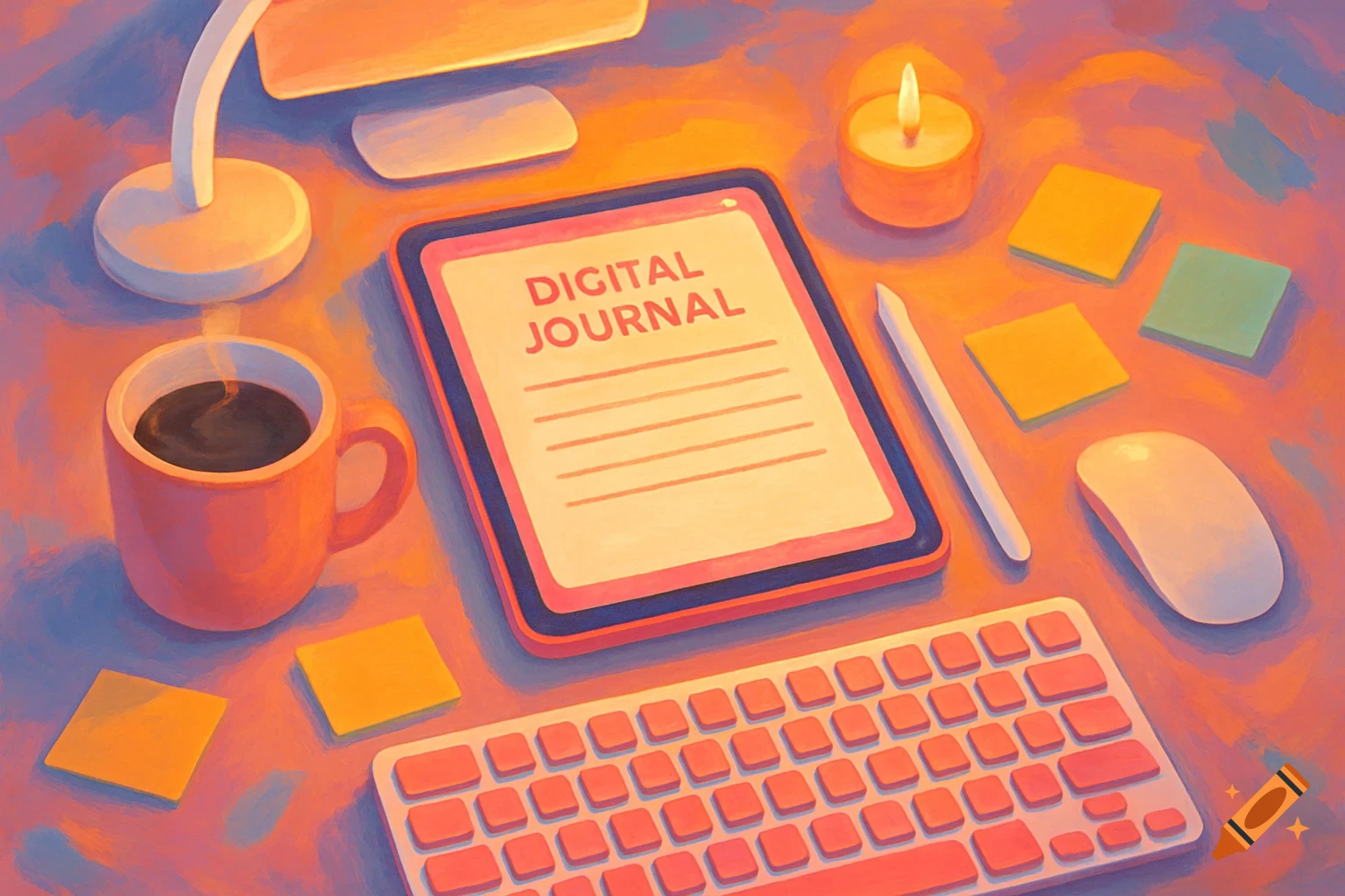 Top-down illustration of a warm-toned desk with a tablet showing 'DIGITAL JOURNAL', coffee, keyboard, mouse, candle, and sticky notes.