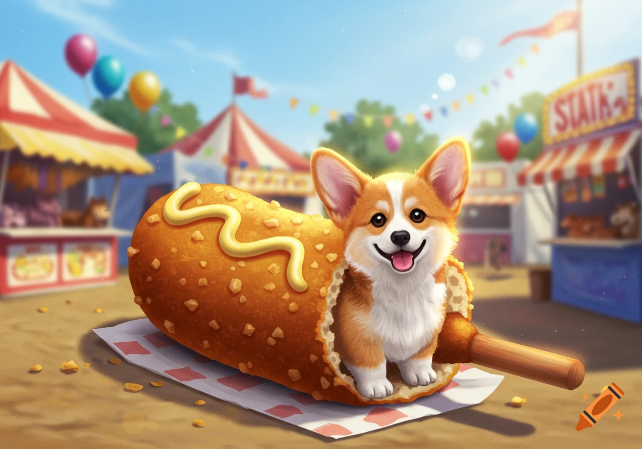 A cute corgi puppy peeking out from inside a corndog, sitting on a paper napkin at a vibrant carnival fairground.
