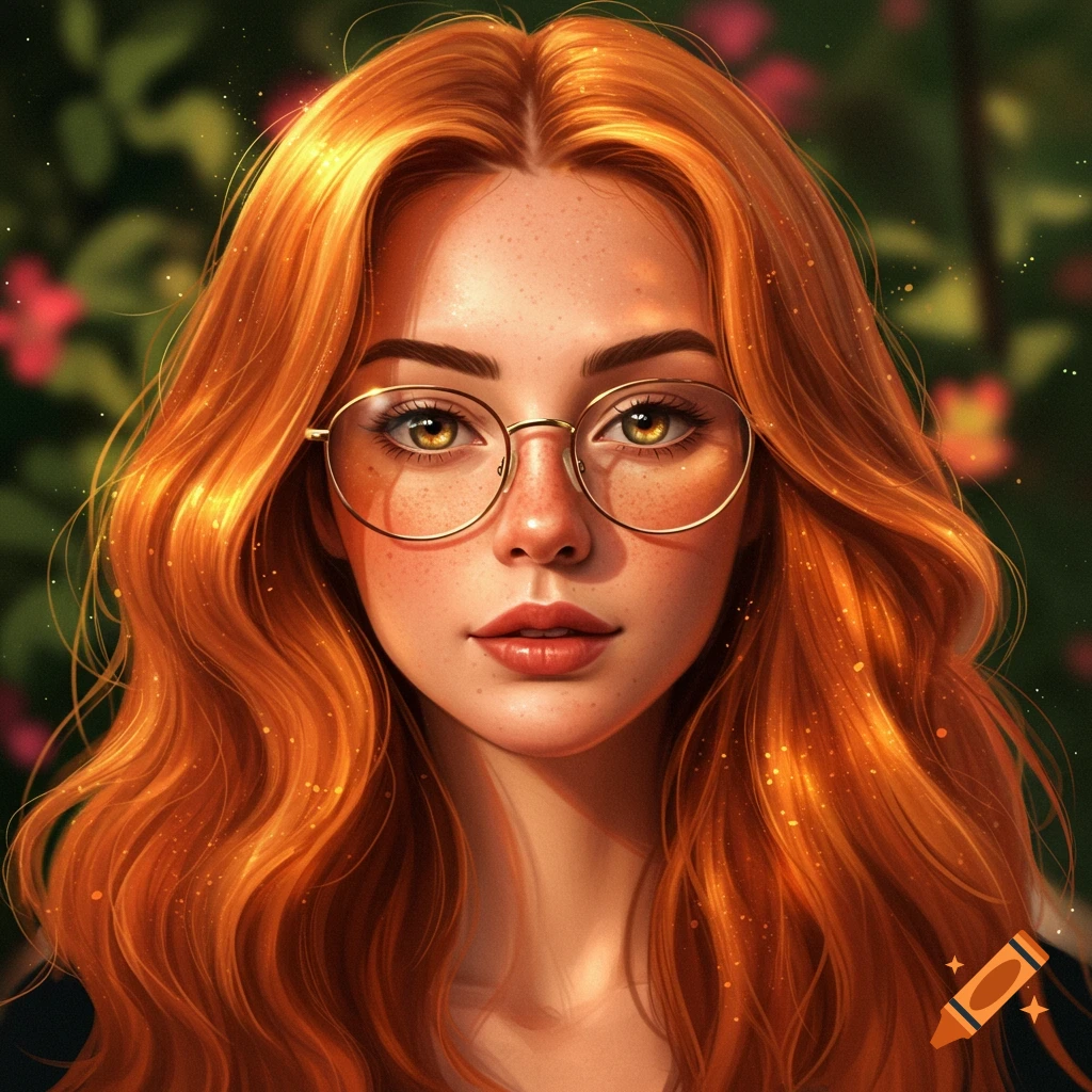 Close-up digital art portrait of a redhead woman with wavy hair, oval glasses, hazel eyes, and freckles.
