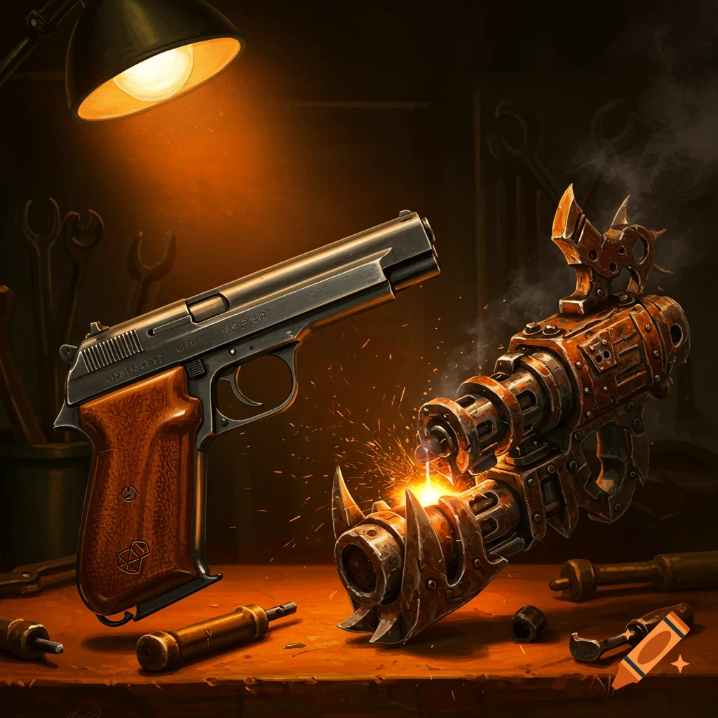 A desk lamp illuminates a realistic pistol and a rusty, futuristic steampunk weapon with sparks flying on a workbench with tools.