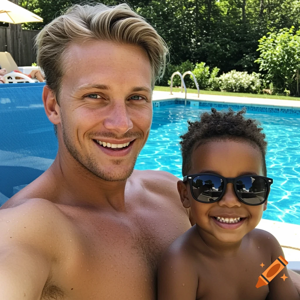 A smiling man with blonde hair and a young boy in sunglasses take a selfie by a bright blue swimming pool on a sunny day.