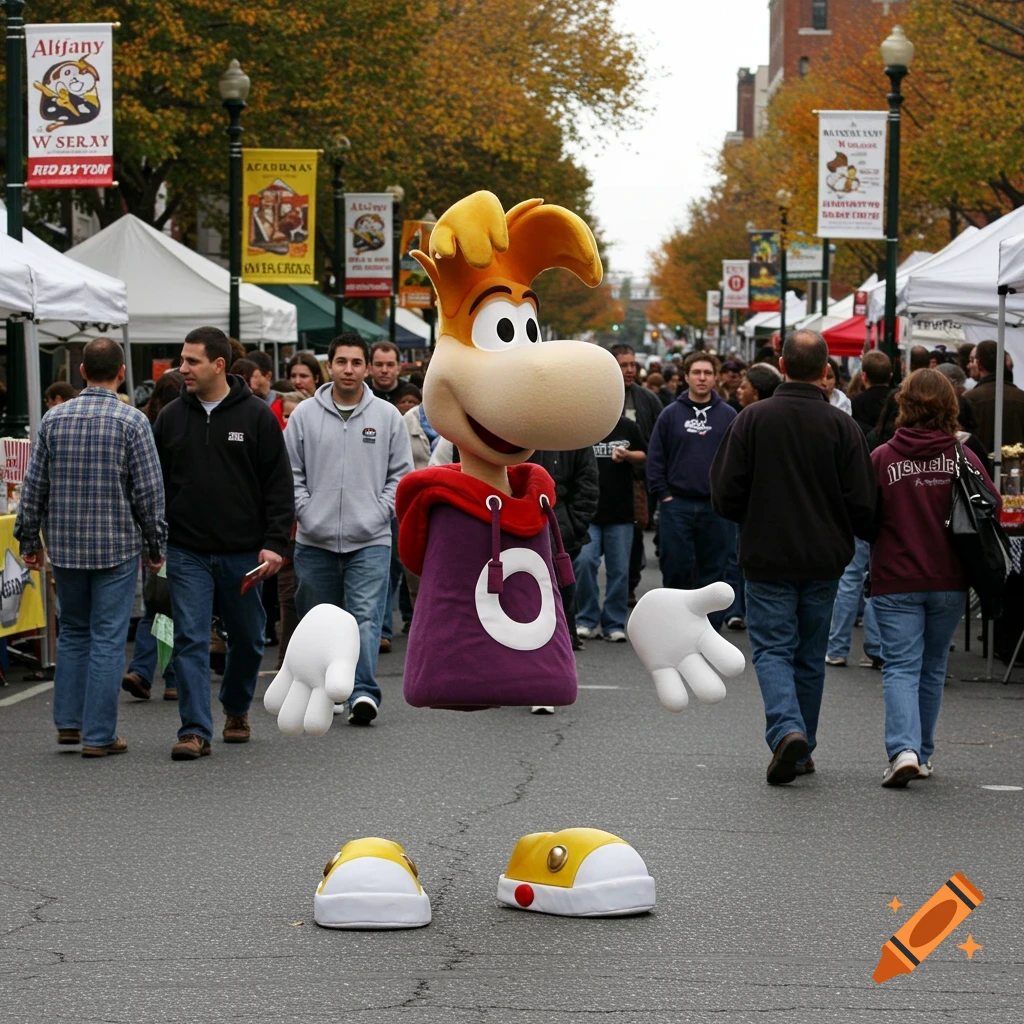 Rayman mascot character, with detached hands and feet, floats down a busy street during an outdoor event with people and market tents.