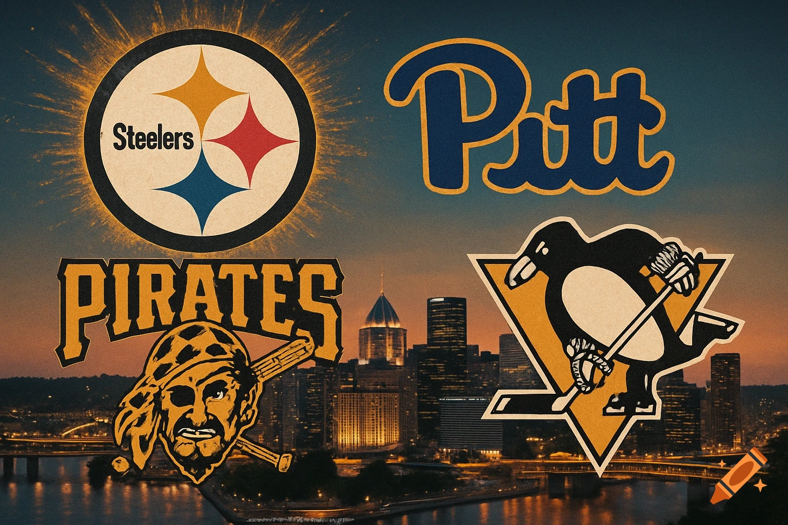 Four Pittsburgh sports logos (Steelers, Pitt, Pirates, Penguins) against a sunset cityscape of Pittsburgh, in a retro style.