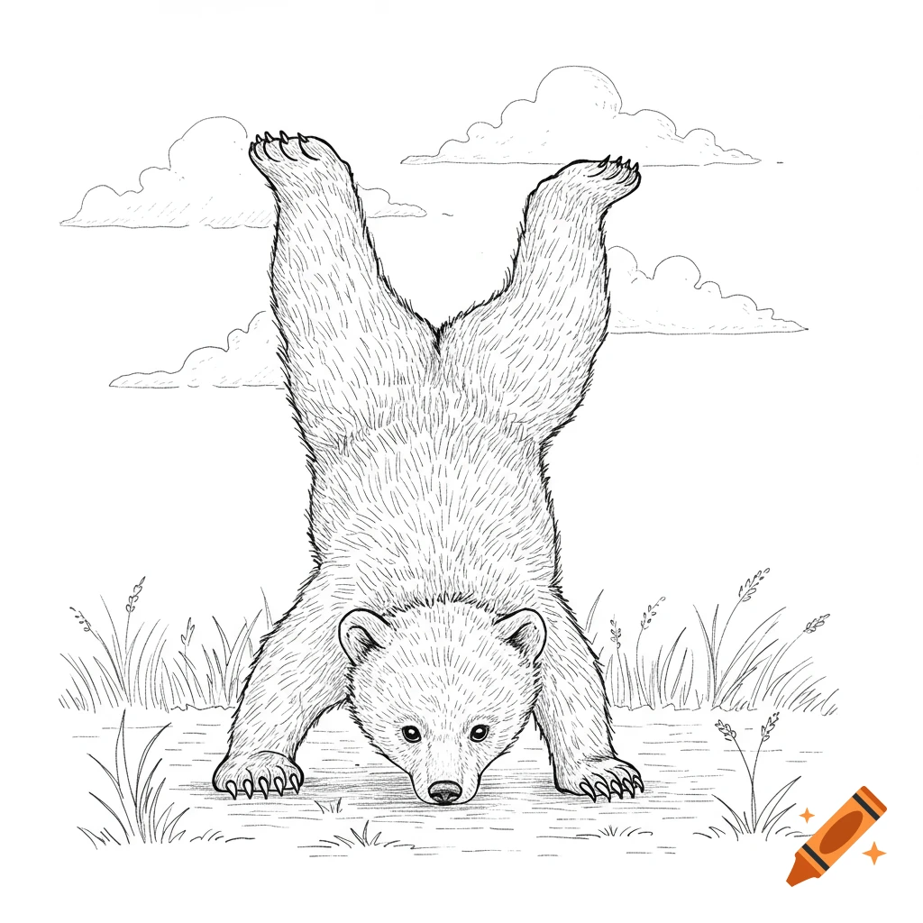 An outline drawing of a small bear cub doing a handstand in a grassy field under a cloudy sky.