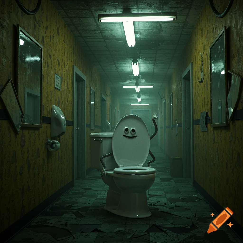 A Skibidi toilet character with a friendly face and arms waving in a dark, decaying hallway lit by fluorescent lights, in a surreal, horror style.