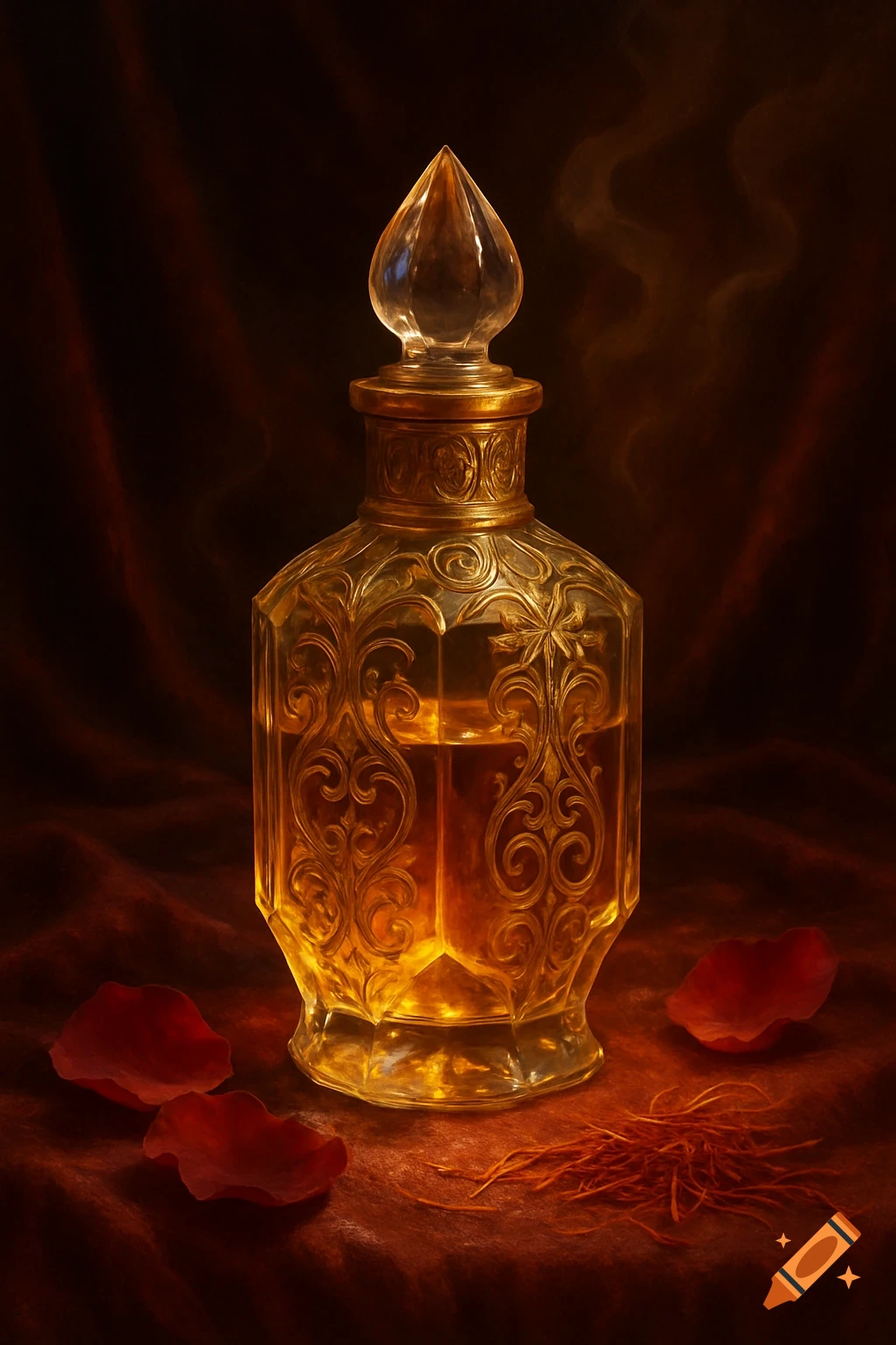 An ornate golden perfume bottle with clear liquid and a crystal stopper sits on a dark red velvet cloth, surrounded by rose petals and saffron threads.