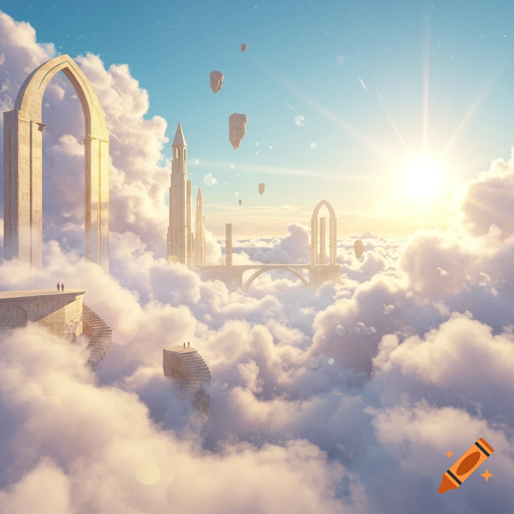 An ethereal city of ancient stone structures and archways floats above a sea of clouds under a bright, sunny sky.