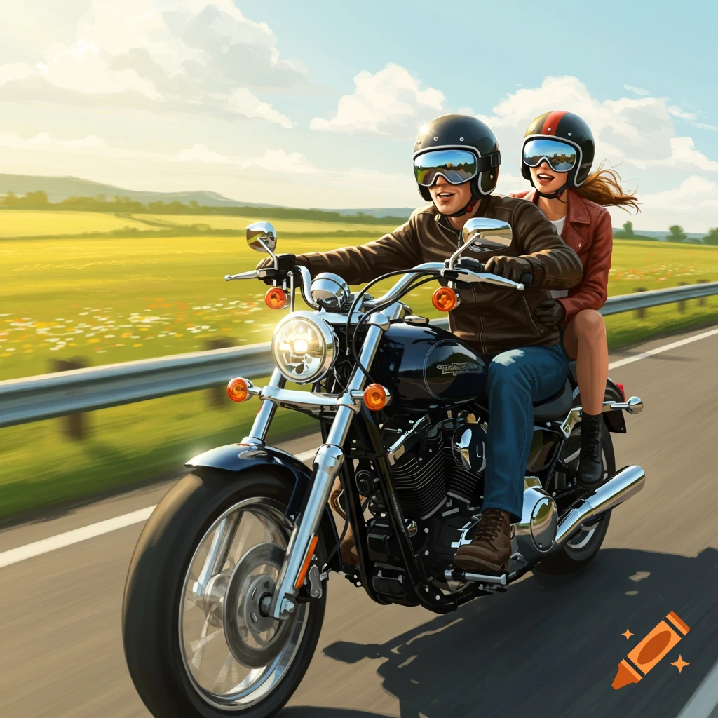 An illustrative image of a man and a woman in helmets riding a motorcycle on a sunny road through green fields.