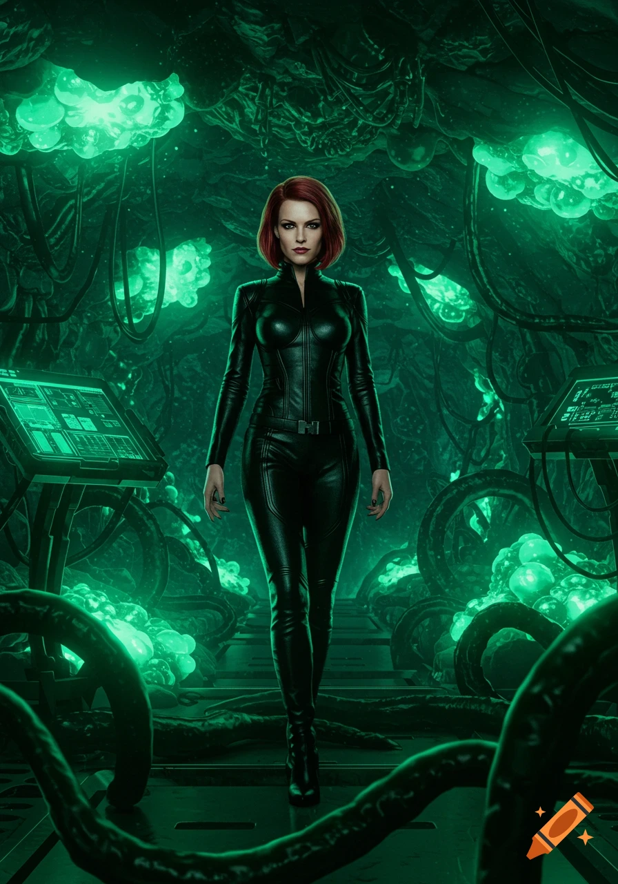 A woman with red hair in a black leather suit stands in a dark, glowing green futuristic or alien cavern with technological screens and organic structures.