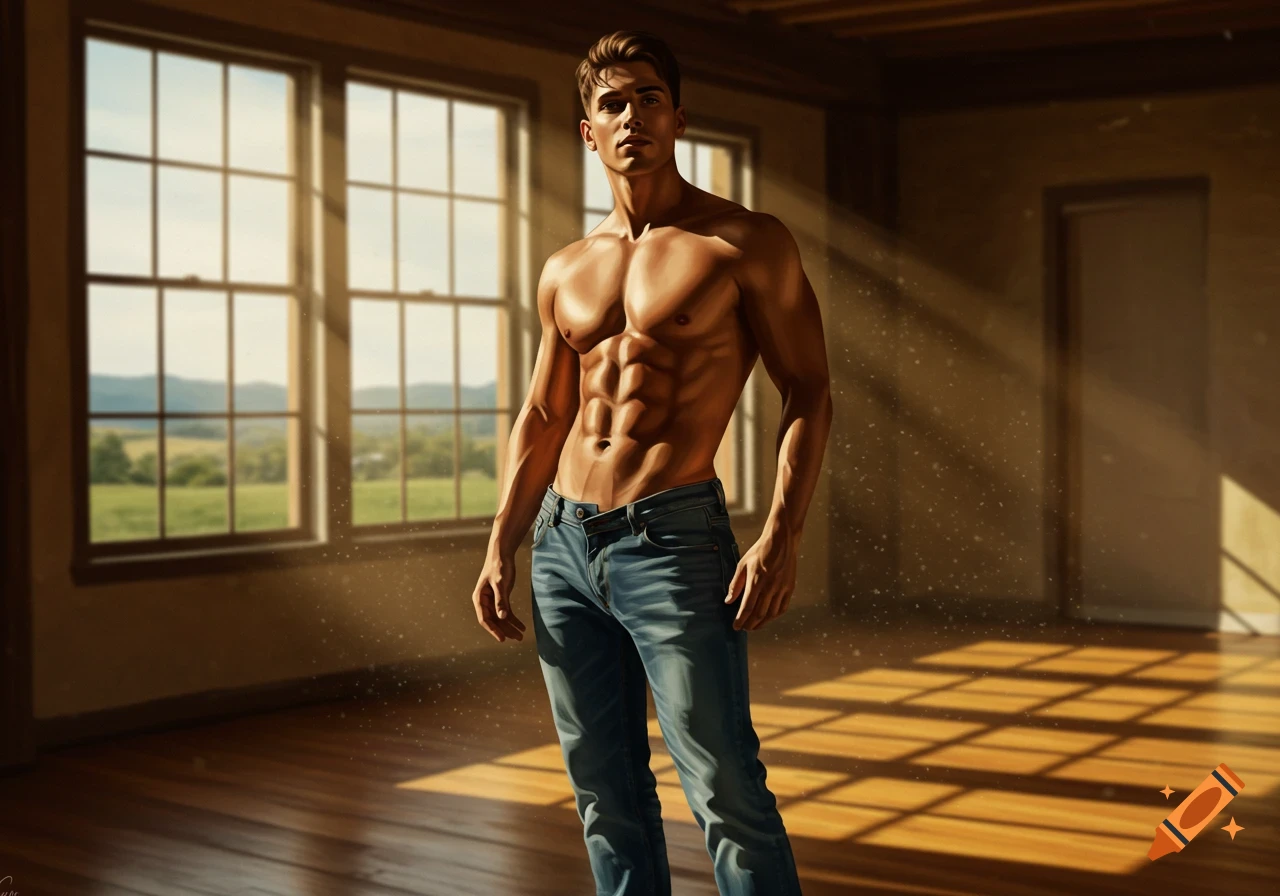 Photorealistic image of a shirtless, muscular man in jeans standing in a sunlit room with windows overlooking a green landscape.