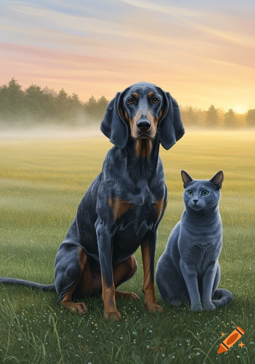 A black and tan hound dog sits next to a grey cat in a misty, grassy field at sunrise.