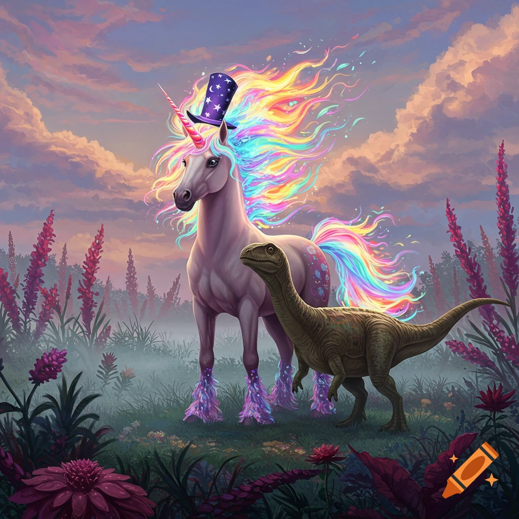 A rainbow-maned unicorn in a starry top hat stands with a green dinosaur in a field of purple flowers under a cloudy sky.