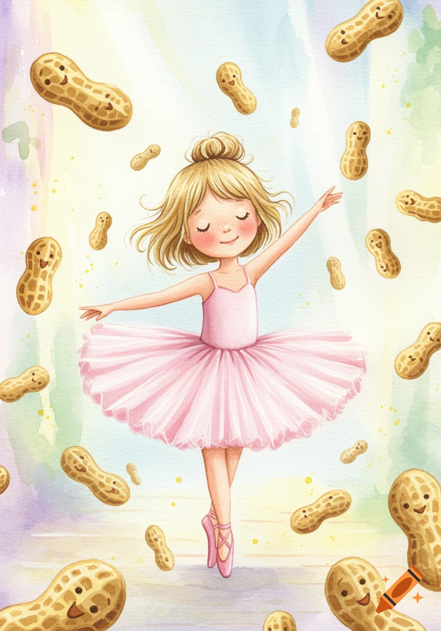 Whimsical watercolor illustration of a blonde ballerina in a pink tutu twirling, surrounded by smiling cartoon peanuts.