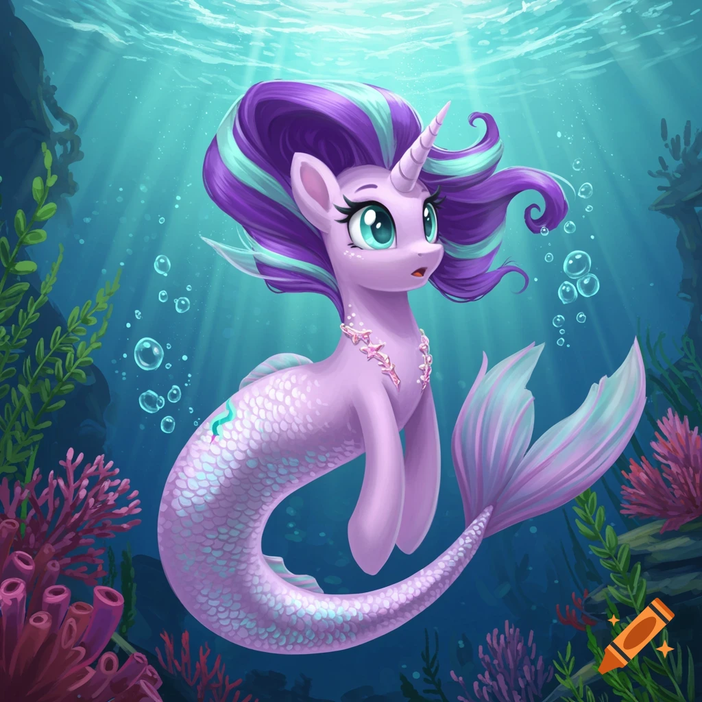 A cartoon purple mermaid-pony with a unicorn horn and wavy purple and teal hair swims underwater amongst coral and bubbles.