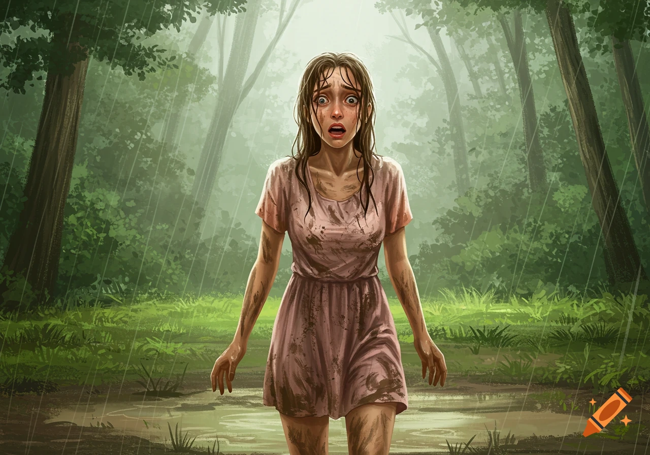 An illustration of a young woman looking shocked and disgusted, drenched in rain and covered in mud in a dark forest.