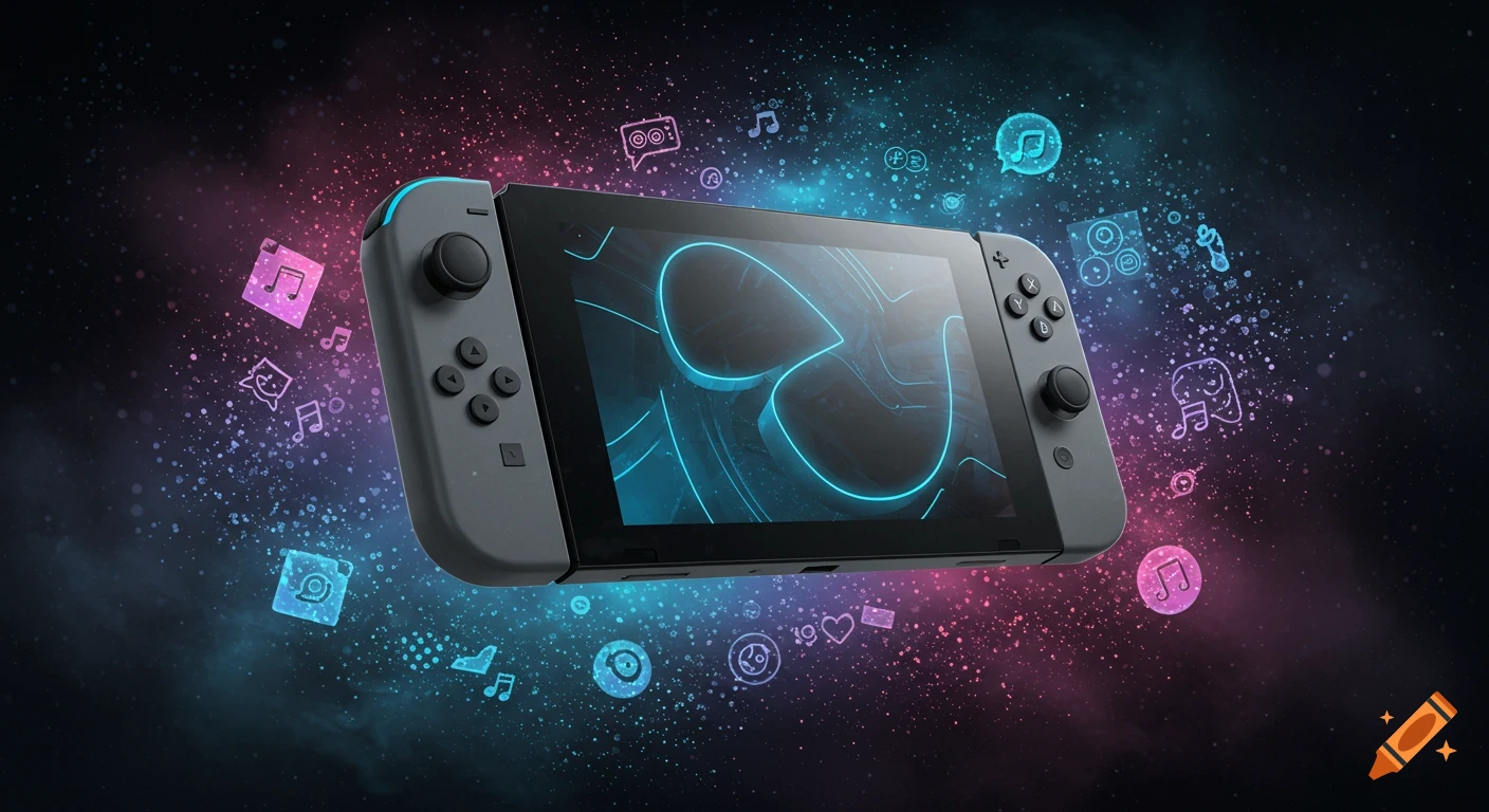 A Nintendo Switch console floats in space surrounded by glowing pink and blue particles and digital icons.