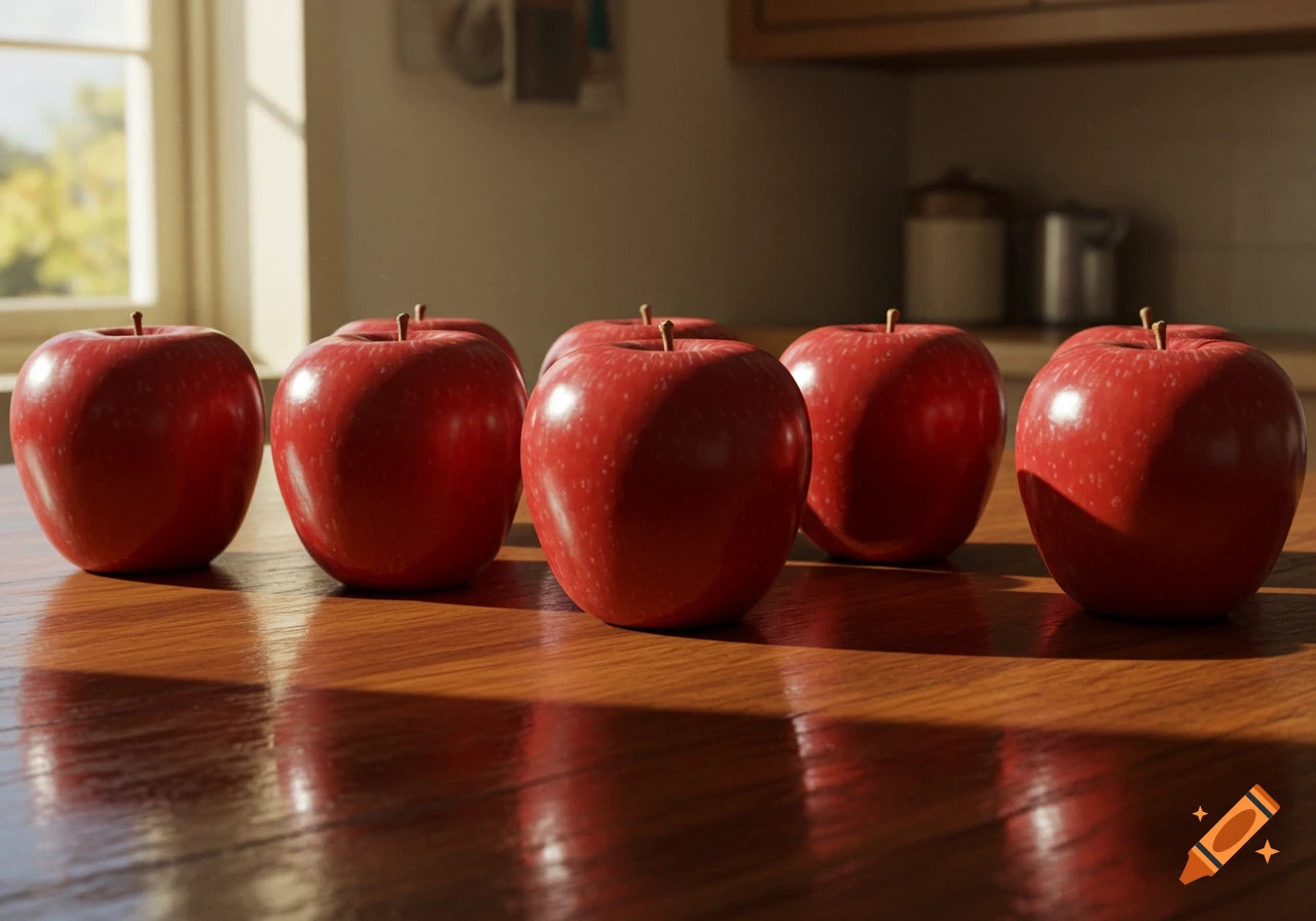 Six red apples on a glossy wooden table in a sunlit kitchen, photorealistic.