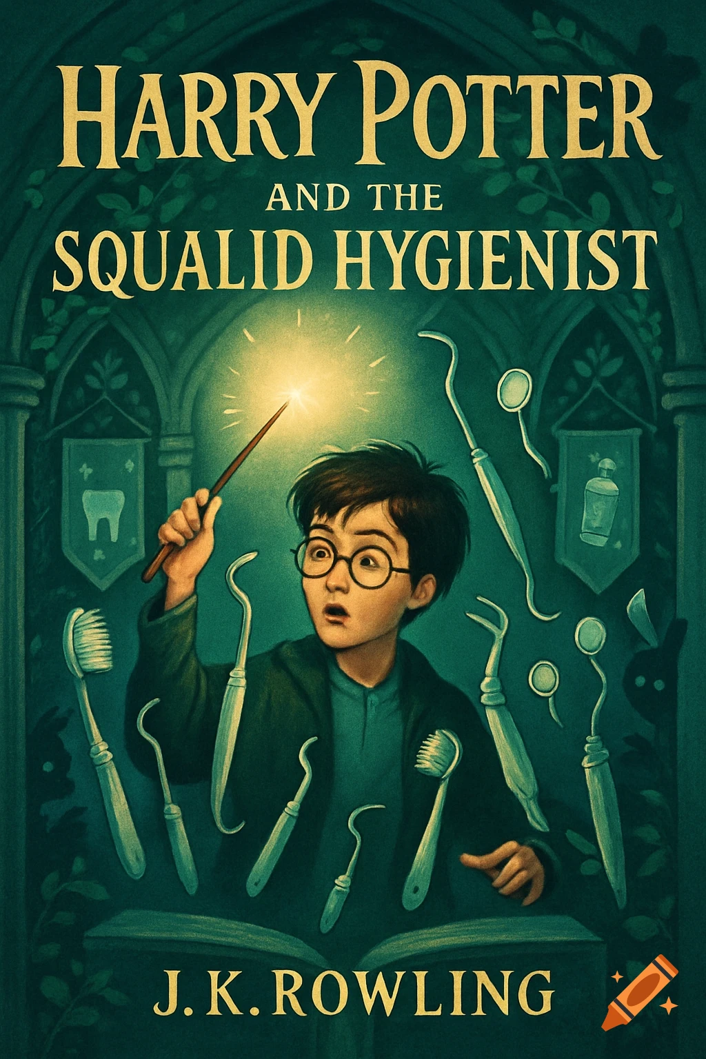 Book cover art showing a surprised boy with glasses and a wand, like Harry Potter, surrounded by floating dental tools in a dark, magical hall.