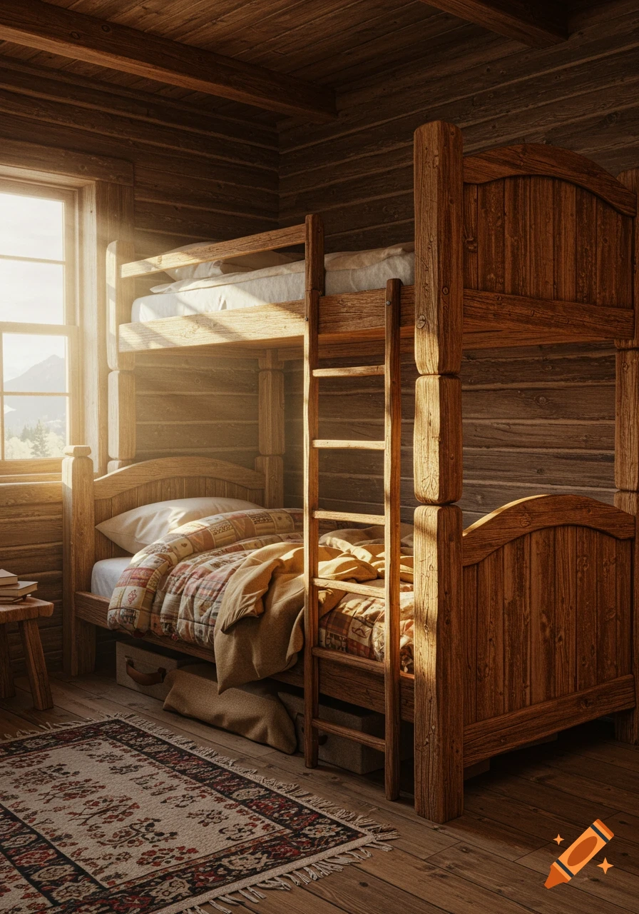 A rustic wooden bunk bed in a sunlit cabin room, with a patterned quilt on the lower bunk and a rug on the wooden floor.