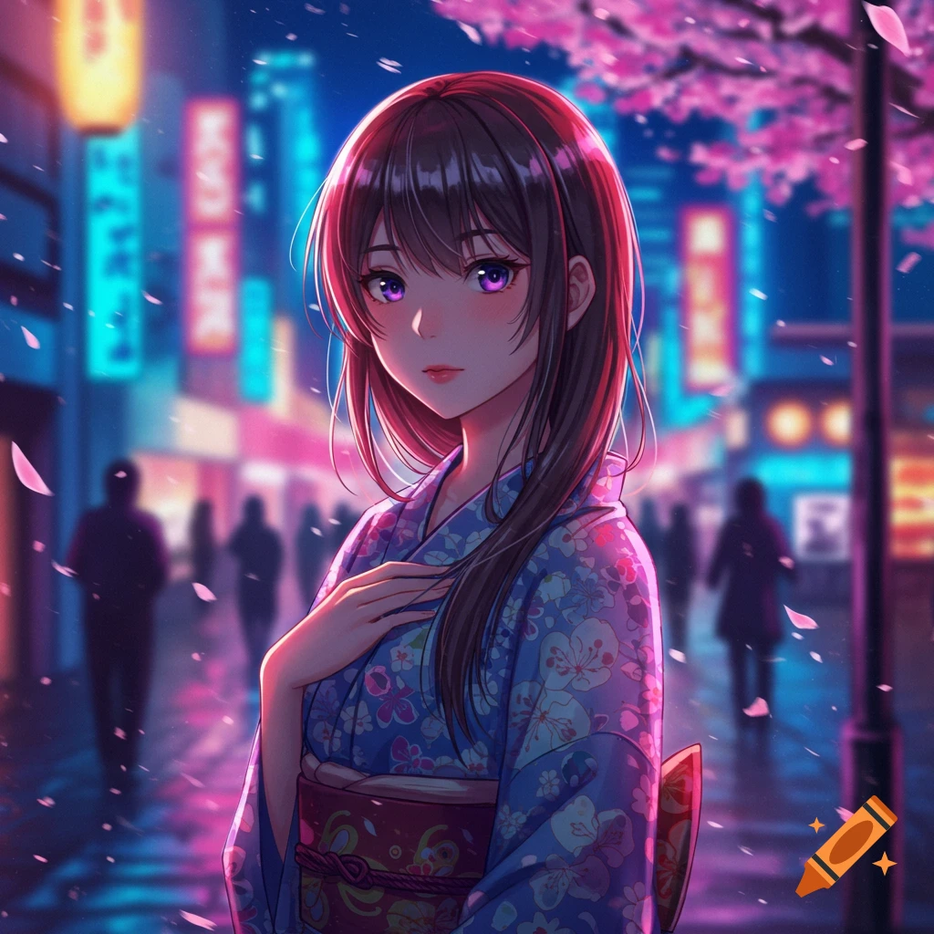 Anime woman in a blue kimono standing on a night city street with falling cherry blossoms and neon signs.