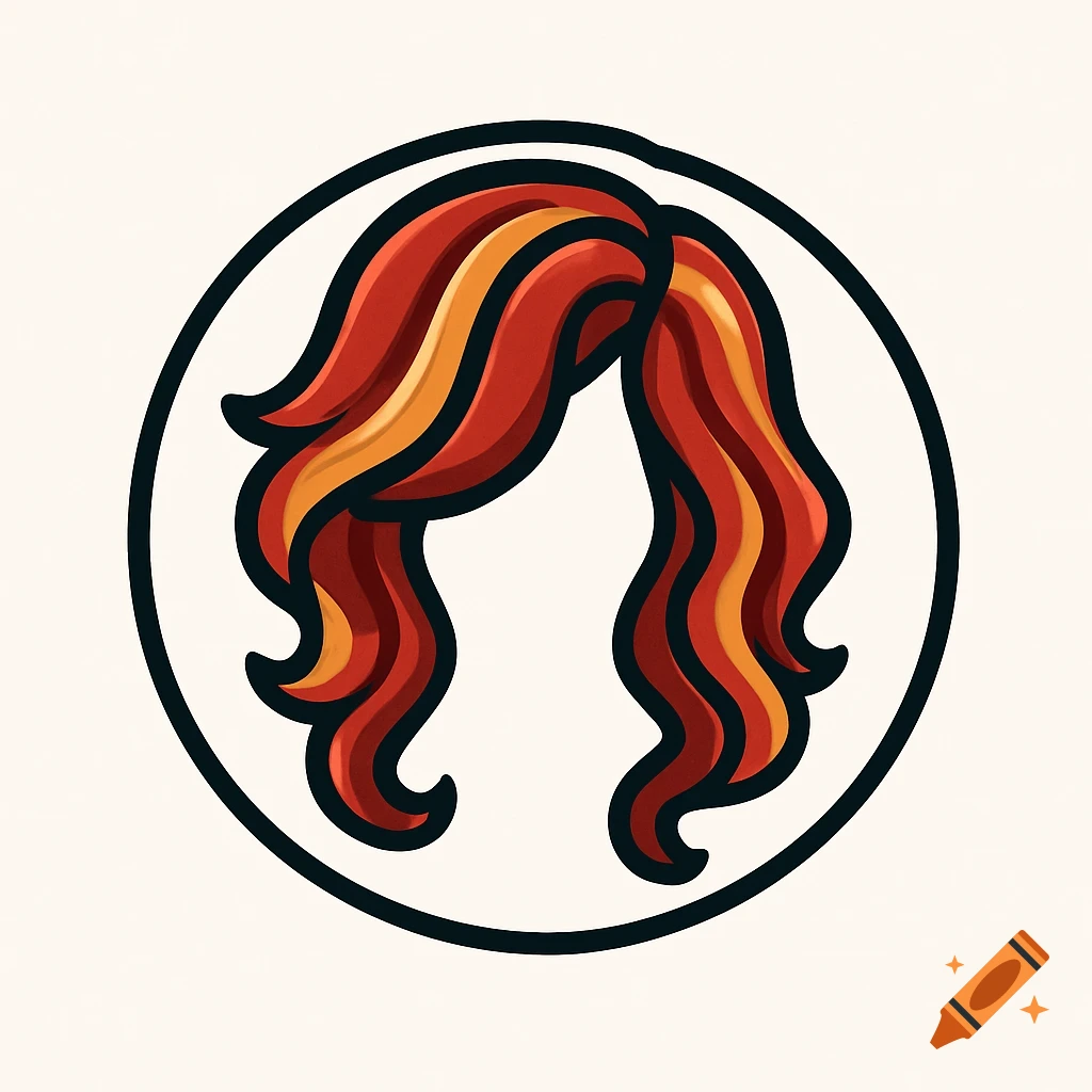 Stylized red and orange wavy hair logo within a black circle on a light background.