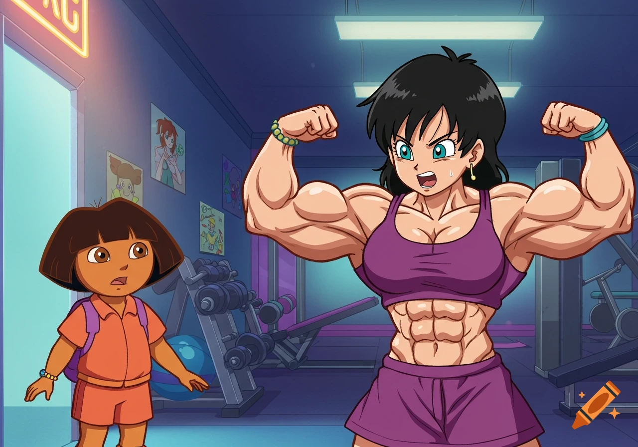 Cartoon of muscular Videl flexing in a gym while Dora the Explorer looks on in surprise.