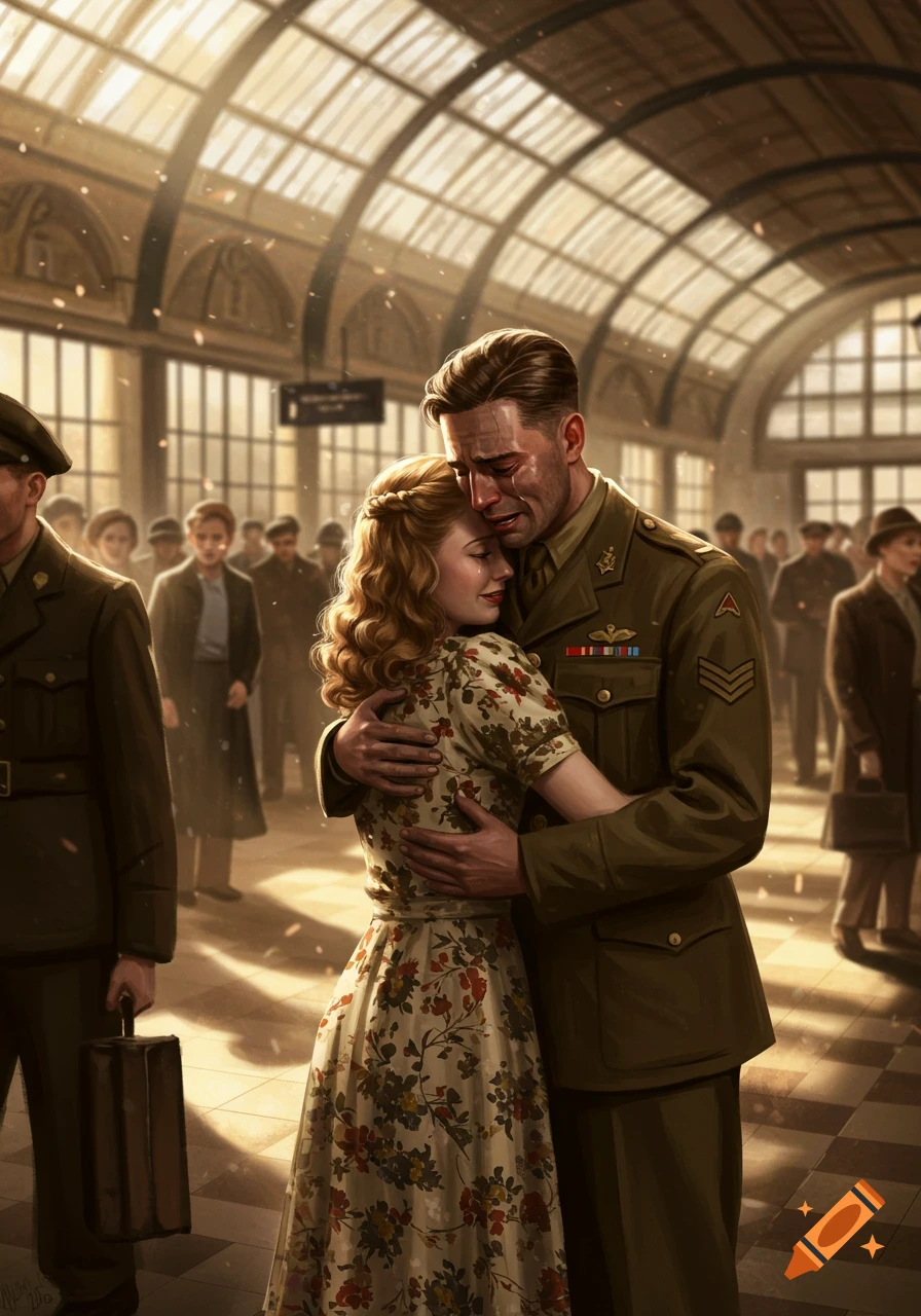 A crying 1940s soldier in uniform embraces a woman in a floral dress at a bustling train station, a somber farewell.