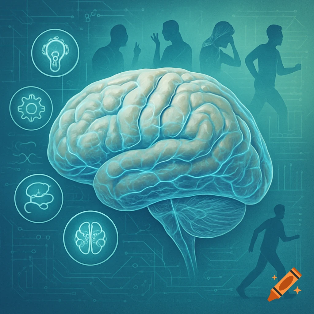 A glowing human brain surrounded by scientific icons and human silhouettes, against a circuit board background, symbolizing science and cognition.