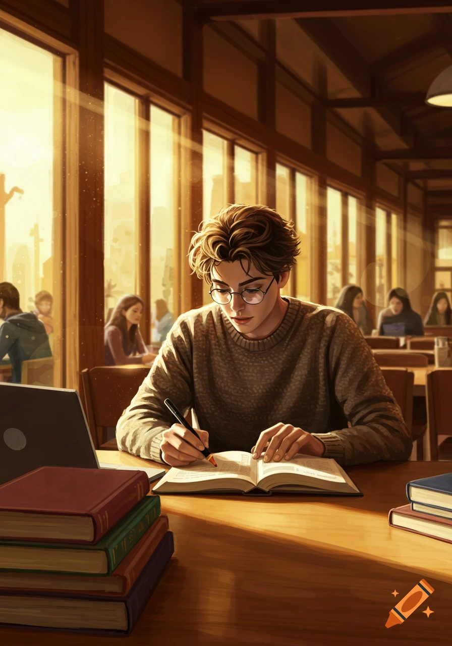 A college student with glasses writes in a book at a wooden desk in a sunlit library, digital illustration.
