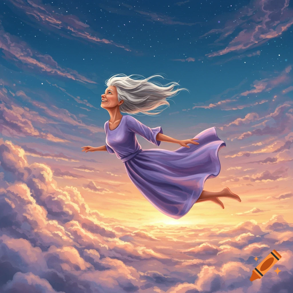 An elderly woman with flowing white hair smiles as she flies joyfully through vibrant sunset clouds under a starry sky, illustration.