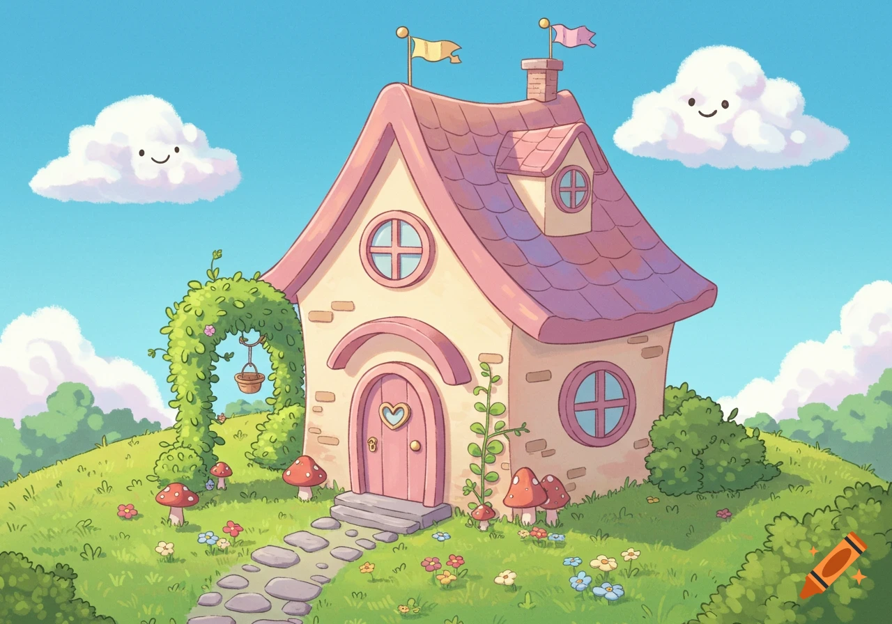 A cute cartoon house with a pink roof, a heart on the door, and a stone path, surrounded by grass, mushrooms, and smiling clouds under a blue sky.