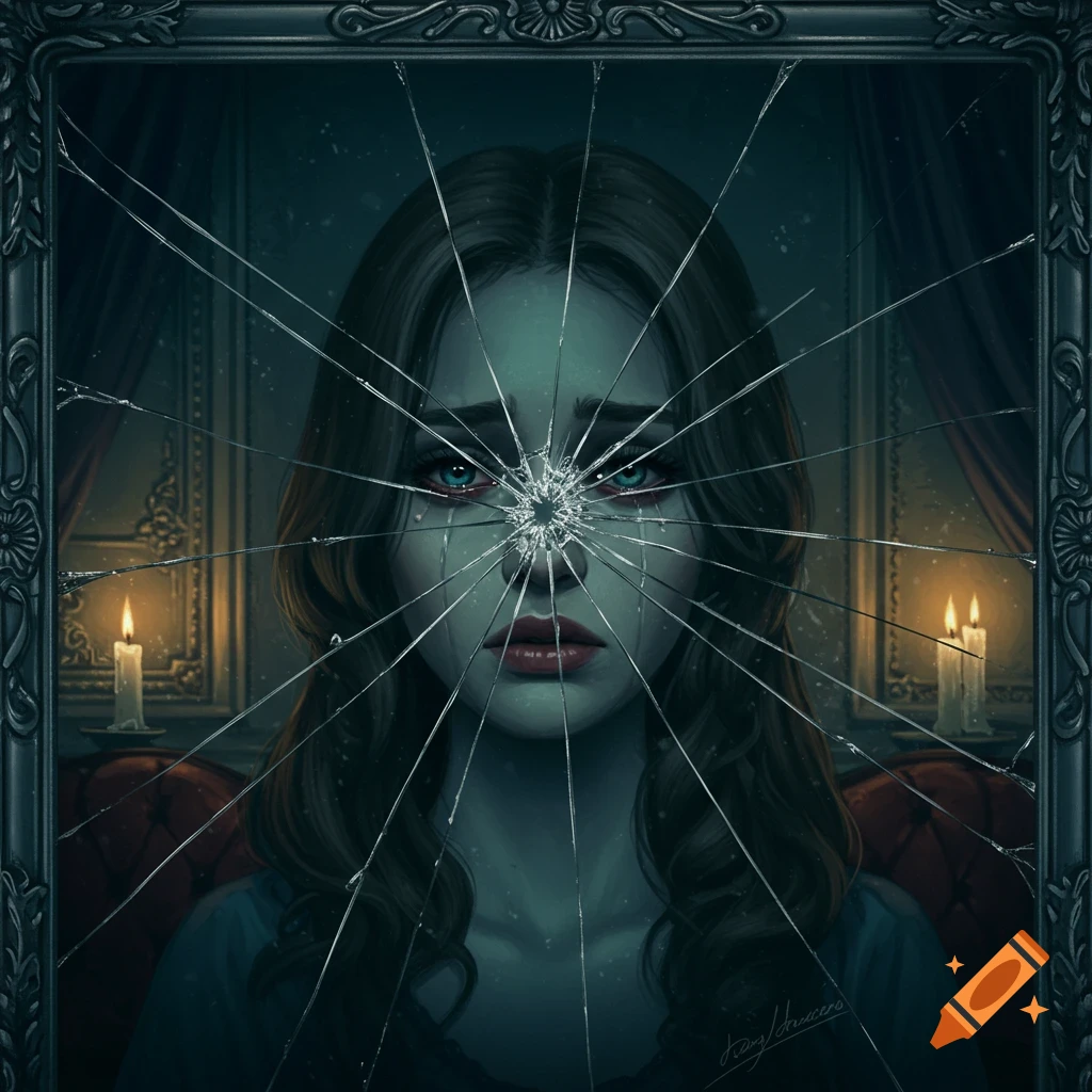 Digital art portrait of a sad woman with blue eyes and tears reflected in a broken mirror, set in a dark, gothic room with candles.