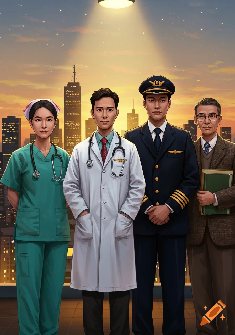 An illustration of a nurse, doctor, pilot, and professor standing in front of a city skyline at sunset under a spotlight.