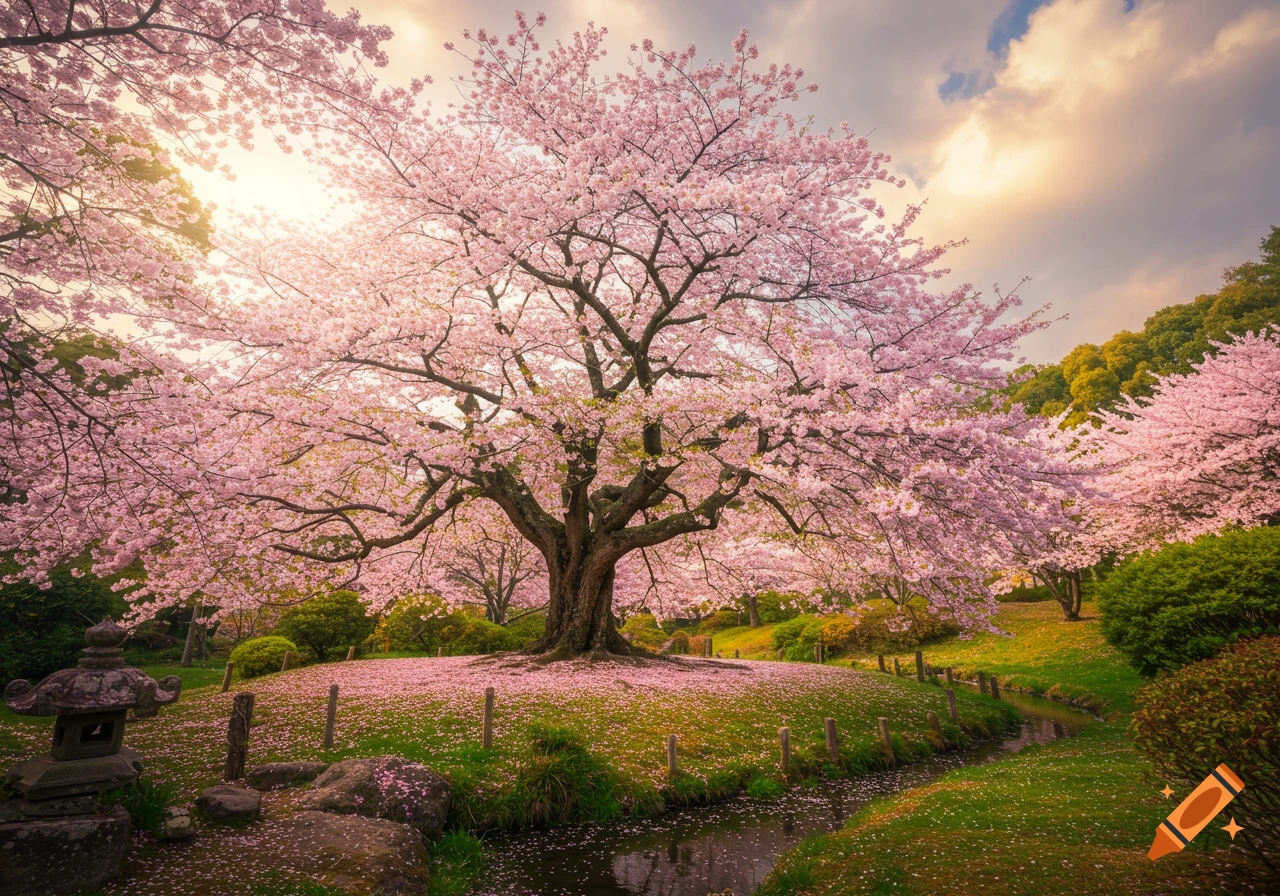 A vibrant landscape photograph of a large cherry blossom tree in full pink bloom, with petals fallen on the grass and a stream.