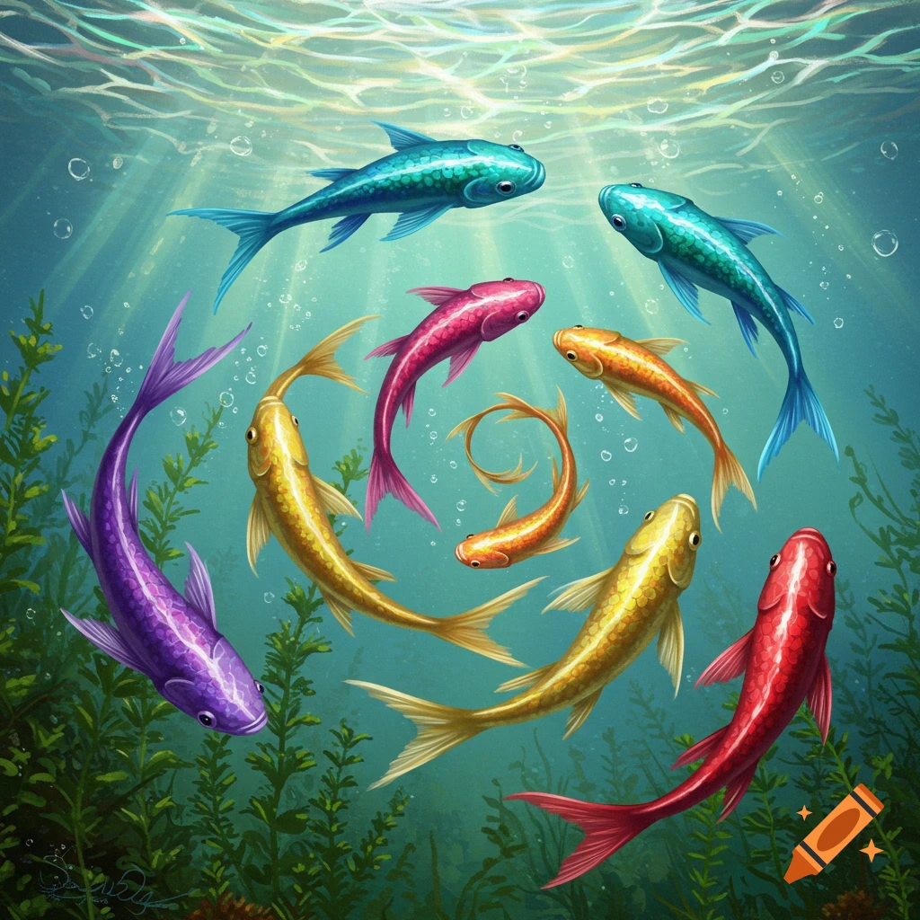 Seven vibrantly colored fish swim in clear blue-green water with light rays and green plants, in an illustrative style.