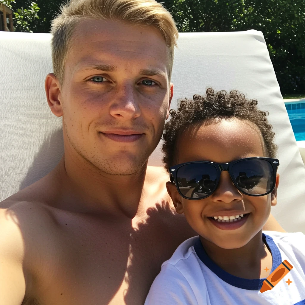 A man with blonde hair and blue eyes and a child with curly hair and sunglasses smiling in a poolside selfie.